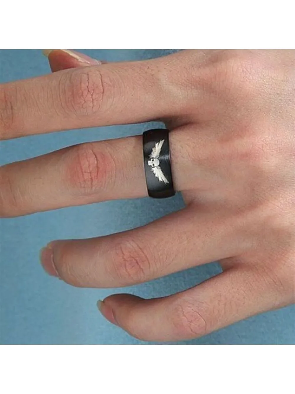 Titanium Fashion Black Skull Wings Ring size 7